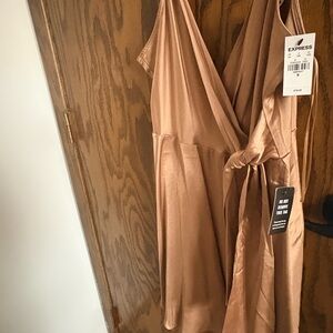 Express Tan Satin Wrap Dress